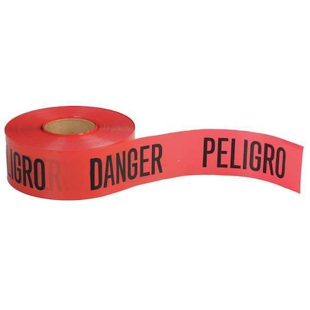 Barricade Tape, Danger Peligro Danger, Red, 3 in Wide x 1, 000 ft Length, Polyethylene, 4 mil