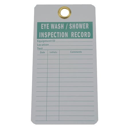 Tag. Emergency Eyewash & Shower Inspection Record, Cardstock, 5 x 3, White Tag/Green Legend, PK25