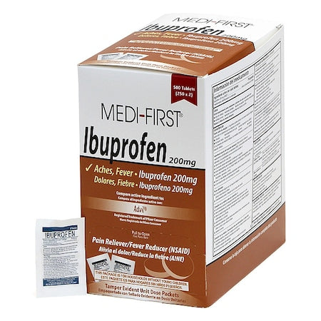 Pain Relief, Ibuprofen, 200 mg., Tablet Form, Wrapped Packets, PK500 (250PK of 2)
