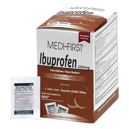 Pain Relief, Ibuprofen, 200 mg., Tablet Form, Wrapped Packets, PK250 (125PK of 2)