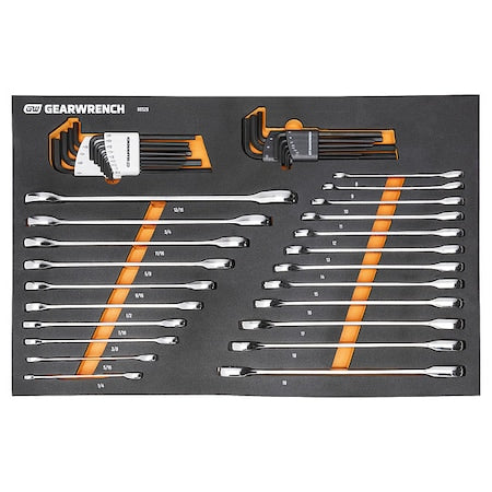 44 Piece 90T SAE/Metric Combination Ratcheting Wrench & Long Arm Hex Key Set with Foam Storage Tray