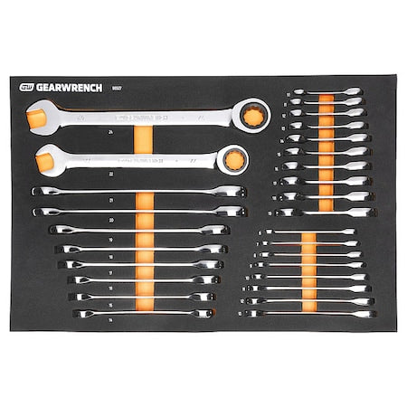 28-pc 72-Tooth 12 Point Metric Standard & Stubby Combination Ratcheting Wrench Set w/ Storage Tray