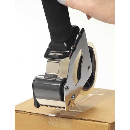 Tape Dispenser, 5 in Tape Core Dia, Pistol, Foam, Plastic, Rubber, Steel, Black, Silver