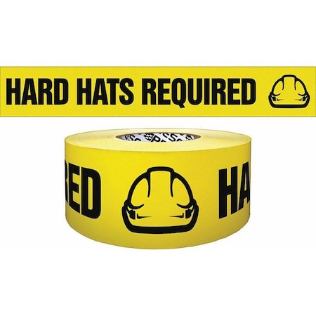 Barricade Tape, Hard Hats Required, Yellow, 3 in Wide x 1, 000 ft Length, Polyethylene, 4 mil