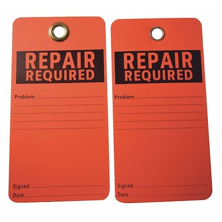 Tag, Repair, Cardstock, 3 in H x 5 3/4 in W, Red, Rectangle, 25 PK