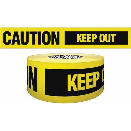 Barricade Tape, Caution Keep Out, Yellow, 3 in Wide x 200 ft Length, Polyethylene, 4 mil