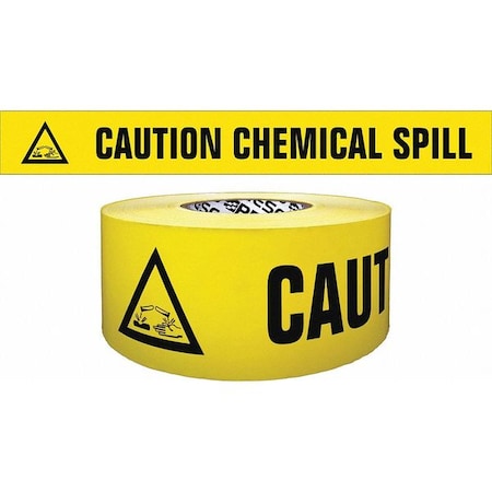 Barricade Tape, Caution Chemical Spill, Yellow, 3 in Wide x 500 ft Length, Polypropylene, 4 mil