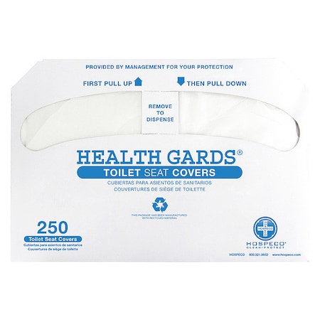 Toilet Seat Cover, Health Gards, Half Fold, 14 1/2 in x 17 in Sheet Size, 250 Sheets, White, PK20