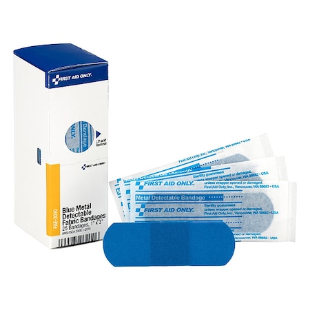 First Aid Kit Refill, 1"X3" Blue Metal Detectable Bandages, 25 Per Box