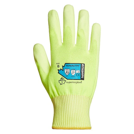 Hi-Vis Cut Resistant Coated Gloves, Cut Level A5 , Dipped , Polyurethane , Smooth , 7 1 PR