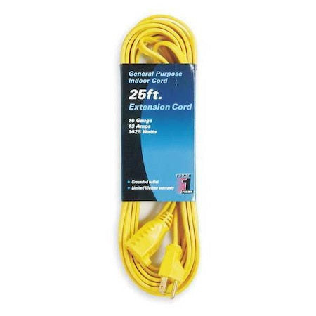 SPT-2 Indoor Extension Cord, 16 AWG 1 Outlet, 5-15R, Yellow, PVC, 5-15P, 25ft