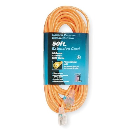 SJTW Outdoor Extension Cord, 16 AWG 1 Outlet, 5-15R, Orange, PVC, 5-15P, 50ft
