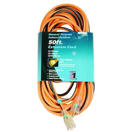SJTW Outdoor Extension Cord, 14 AWG 1 Outlet, 5-15R, Orange/Black, PVC, 5-15P