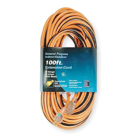 SJTW Outdoor Extension Cord, 14 AWG 1 Outlet, 5-15R, Orange/Black, 5-15P, PVC