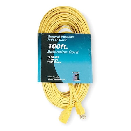 SPT-2 Indoor Extension Cord, 16 AWG 1 Outlet, 5-15R, Yellow, 5-15P, 100ft