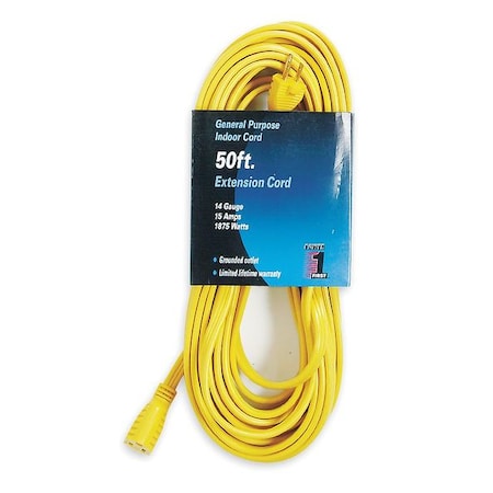 SPT-3 Indoor Extension Cord, 14 AWG 1 Outlet, 5-15R, Yellow, PVC, 5-15P, 50ft