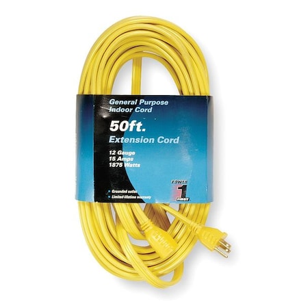 SPT-3 Indoor Extension Cord, 12 AWG 1 Outlet, 5-15R, Yellow, PVC, 5-15P, 50ft