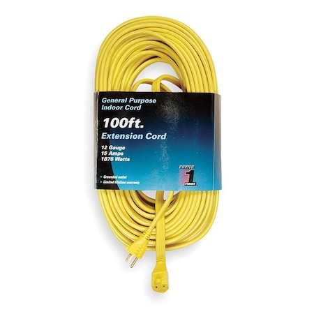 SPT-3 Indoor Extension Cord, 12 AWG 1 Outlet, 5-15R, Yellow, 5-15P, 100ft