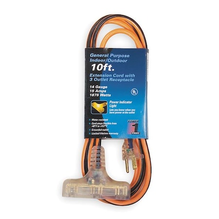SJTW Outdoor Extension Cord, 14 AWG 3 Outlets, PVC, 5-15R, Orange/BLK, 5-15P