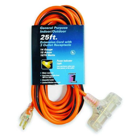 SJTW Outdoor Extension Cord, 14 AWG 3 Outlets, 5-15R, Orange/BLK, 5-15P, PVC