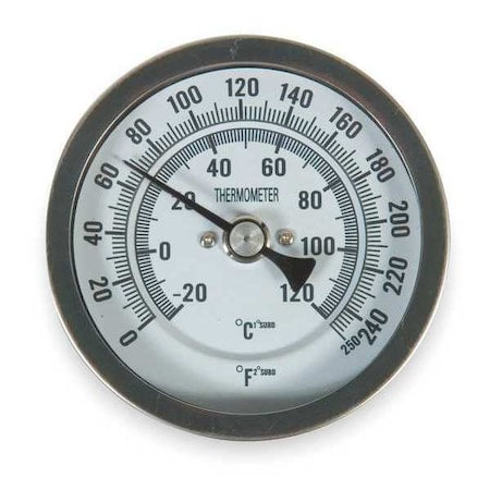 Bimetal Thermom, 3 In Dial, 0 to 250F, Connection Size: 1/2 in NPT