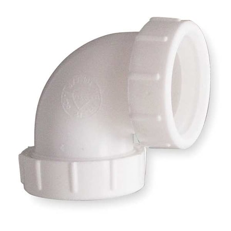 1-1/2" or 1-1/4 Dia, Polypropylene, White/Plastic, 90 Degree, Lavatory/Kitchen, Elbow
