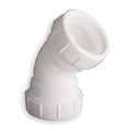 1-1/2" or 1-1/4 Dia, Polypropylene, White/Plastic, 45 Degree, Lavatory/Kitchen, Elbow