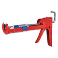 Dripless Caulk Gun, 10 oz Container Size, Steel, 10:01, Half Barrel Frame, Red
