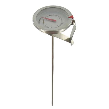 Clip-on bimetal thermometer, range 0 to 140 Degrees F, 8"" stem.