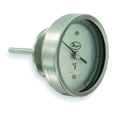Sanitary bimetal thermometer, 1.5"" clamp size, 4.5"" stem, range 50 to 300 Degrees F.