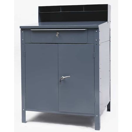 Stationary Shop Desk, 1 Drawer, 1 Cabinet, Gray, 34 1/2 in W x 45 1/8 in D x 30 In H