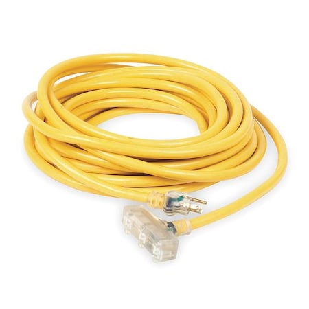 SJTW Extension Cord, 10 AWG 3 Outlets, 5-15R, Yellow, PVC, 5-15P, 100ft