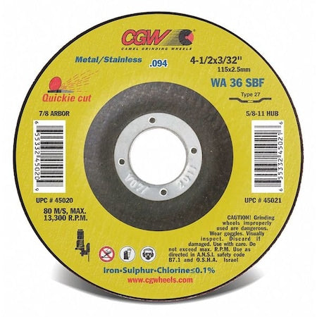 Abrasive Cut-Off Wheel, Type 27, 7 in Dia, 3/32 in Thick, 5/8 in-11 Arbor Hole Size, 36 Grit