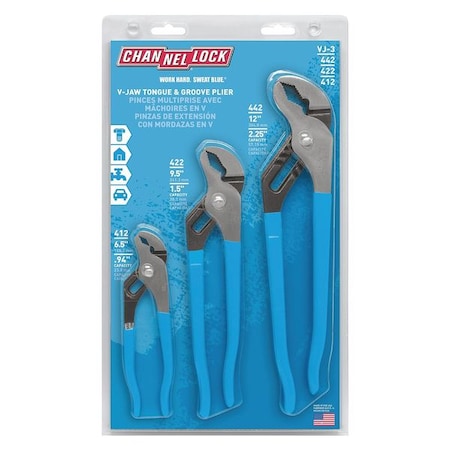 3 Piece Tongue and Groove Plier Set, Dipped Handle, Blue, Includes: 6.5", 9.5", 12"