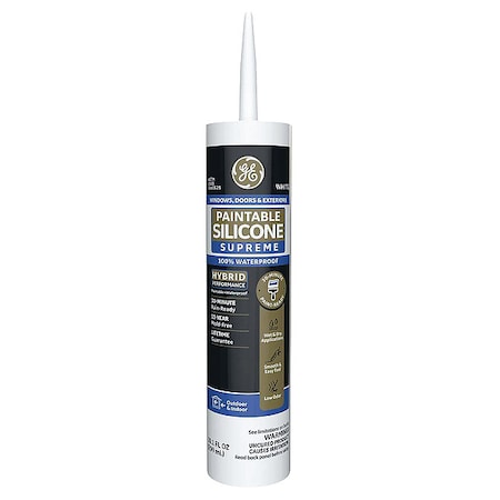 Silicone Sealant, 10.1 oz, Cartridge, Whites, Silicone Base, Paintable Silicone Supreme