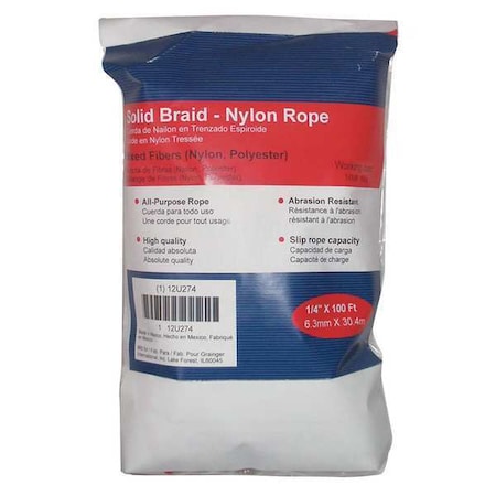 Rope, Nylon, Braided, 1/4 In. dia., 100 ft L