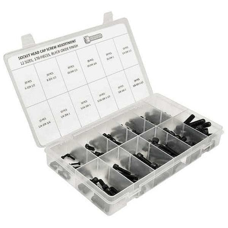 #10-24; #6-32; 1/4"-20; 3/8"-16; 5/16"-18; #8-32 Cap Screw Assortment, Socket, Black Oxide Finish