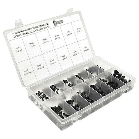 #6-32 to 5/16"-18 Cap Screw Assortment, Flat, Black Oxide Finish, Alloy Steel