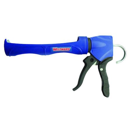 Dripless Caulk Gun, 10 oz Container Size, Plastic, 12:01, Revolving Half Barrel Frame, Black/Blue