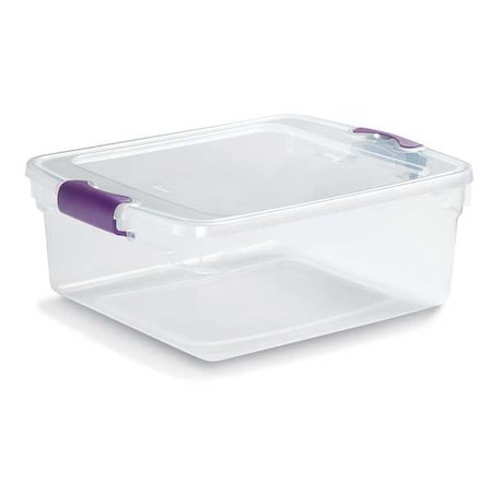 Stackable Storage Tote W/ Lid, 3.9 gal, 16-1/4 in L x 13 in W x 6-1/8 in H, Clear, Purple