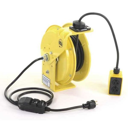 Cord Reel With Hand Lamp, Spring Retracted, NEMA 5-20R, 12 AWG, Yellow Reel Color, 25 ft Length