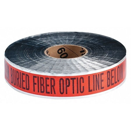 Underground Marking Tape, Caution Buried Fiber Optic Line Below, Orange, 2 in Wide x Aluminum