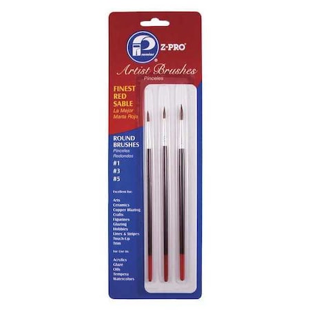 #1, #3, #5 Artist Red Sable Bristle, Paint Brush Set, Wood Handle, 12 PK