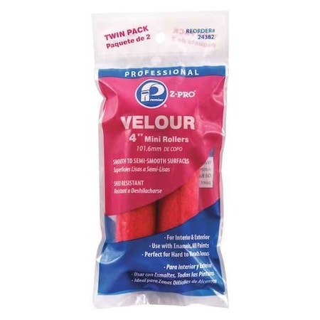 4" Mini Paint Roller Cover, Velour, 12 PK