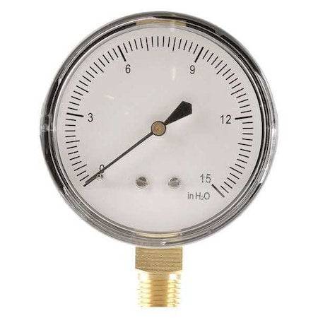 Low Pressure Gauge, 0 to 15 psi, 2 1/2 in Dial, 1/4 in NPT, Bottom Location, Steel Case Material