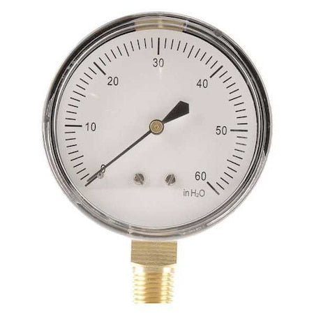 Low Pressure Gauge, 0 to 60 psi, 2 1/2 in Dial, 1/4 in NPT, Bottom Location, Steel Case Material