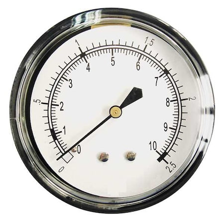 Low Pressure Gauge, 0 to 10 psi, 2 1/2 in Dial, 1/4 in NPT, Center Back Location