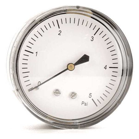 Low Pressure Gauge, 0 to 5 psi, 2 1/2 in Dial, 1/4 in NPT, Center Back Location, Steel Case Material