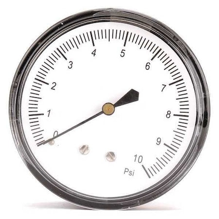 Low Pressure Gauge, 0 to 10 psi, 2 1/2 in Dial, 1/4 in NPT, Center Back Location