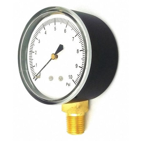 Low Pressure Gauge, 0 to 10 psi, 2 1/2 in Dial, 1/4 in NPT, Bottom Location, Steel Case Material